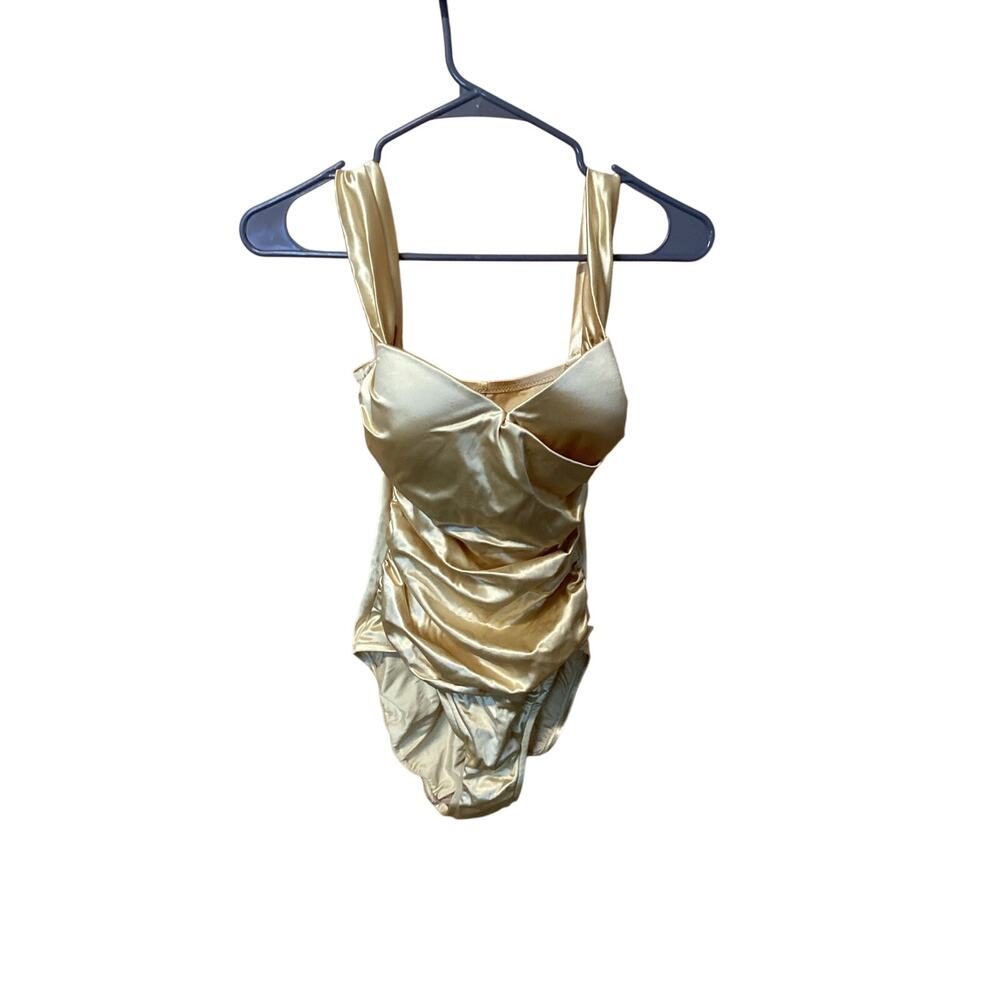 Sirena Gold Metallic One Piece Swimsuit Ruched Pin Up Bombshell Size 10 USA Made
